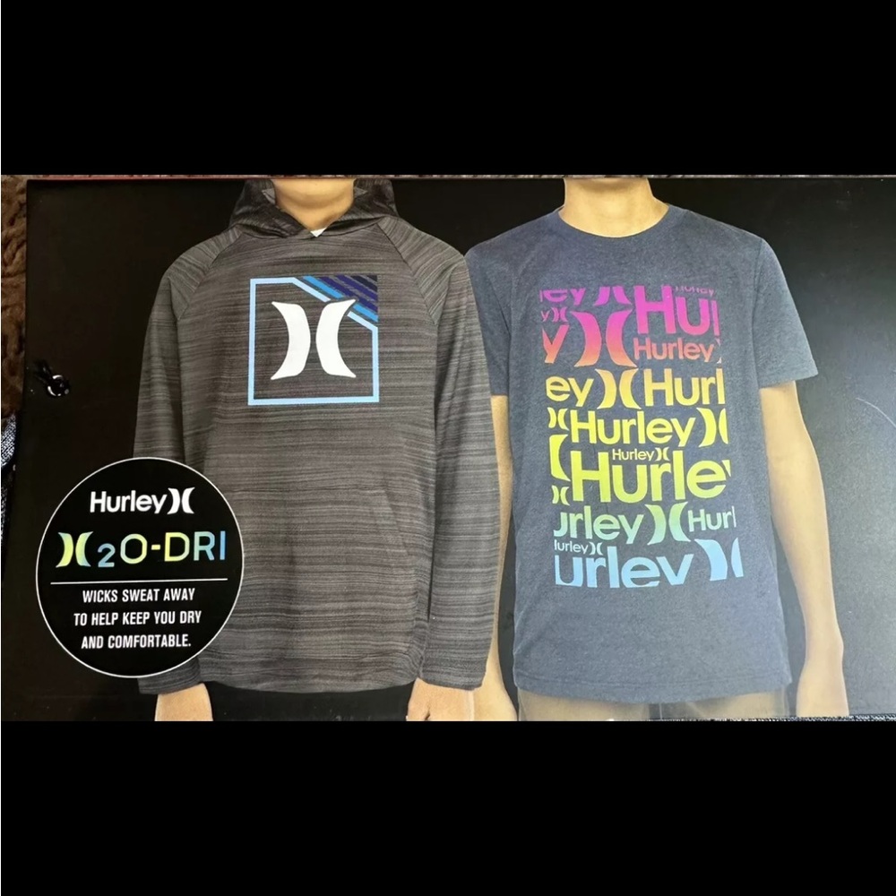 NWT Hurley Boys 2 Pack Top Gray performance H2O Dri Hoodie Blue Tee Medium 10/12